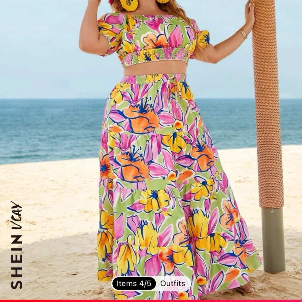 Floral print two piece off the shoulder set